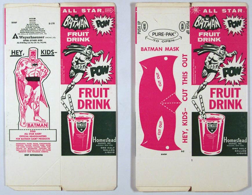 Batman Fruit Drink, USA, 1966, noch ungefaltete, unbenutzte Pappverpackung für einen Frucht-Drink