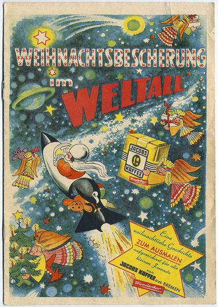 Weihnachtsbescherung im Weltall - illustriertes, comicartiges Werbeheft der Firma Jacobs Kaffee - ca. frühe 50er Jahre - wunderschön!