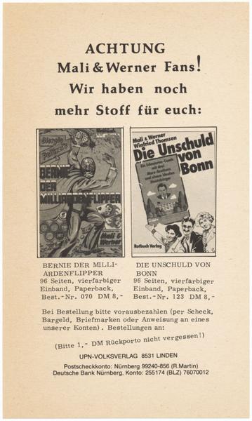 Mali & Werner - Werbezettel, Beilage zum U-Comix Sonderband 12, 70er Jahre, UPN-Volksverlag
